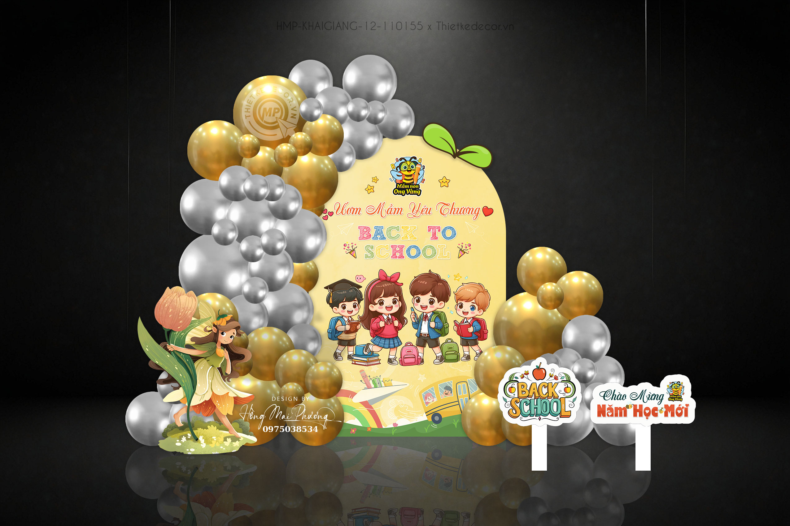 Backdrop khai giảng tone vàng cho các bé mầm non và cấp 1